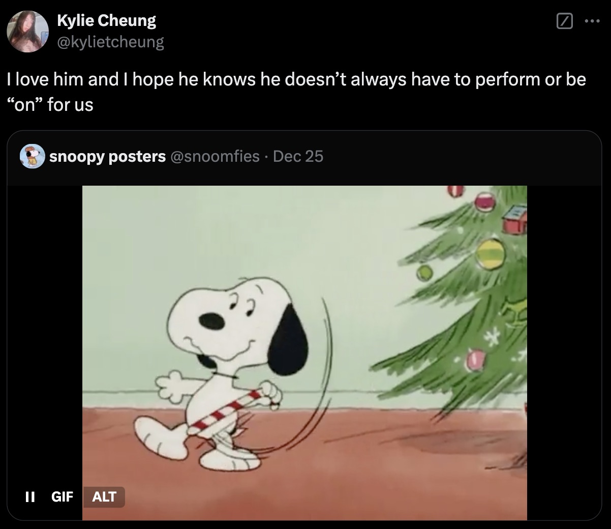 cartoon - Kylie Cheung I love him and I hope he knows he doesn't always have to perform or be "on" for us snoopy posters Dec 25 Ii Gif Alt